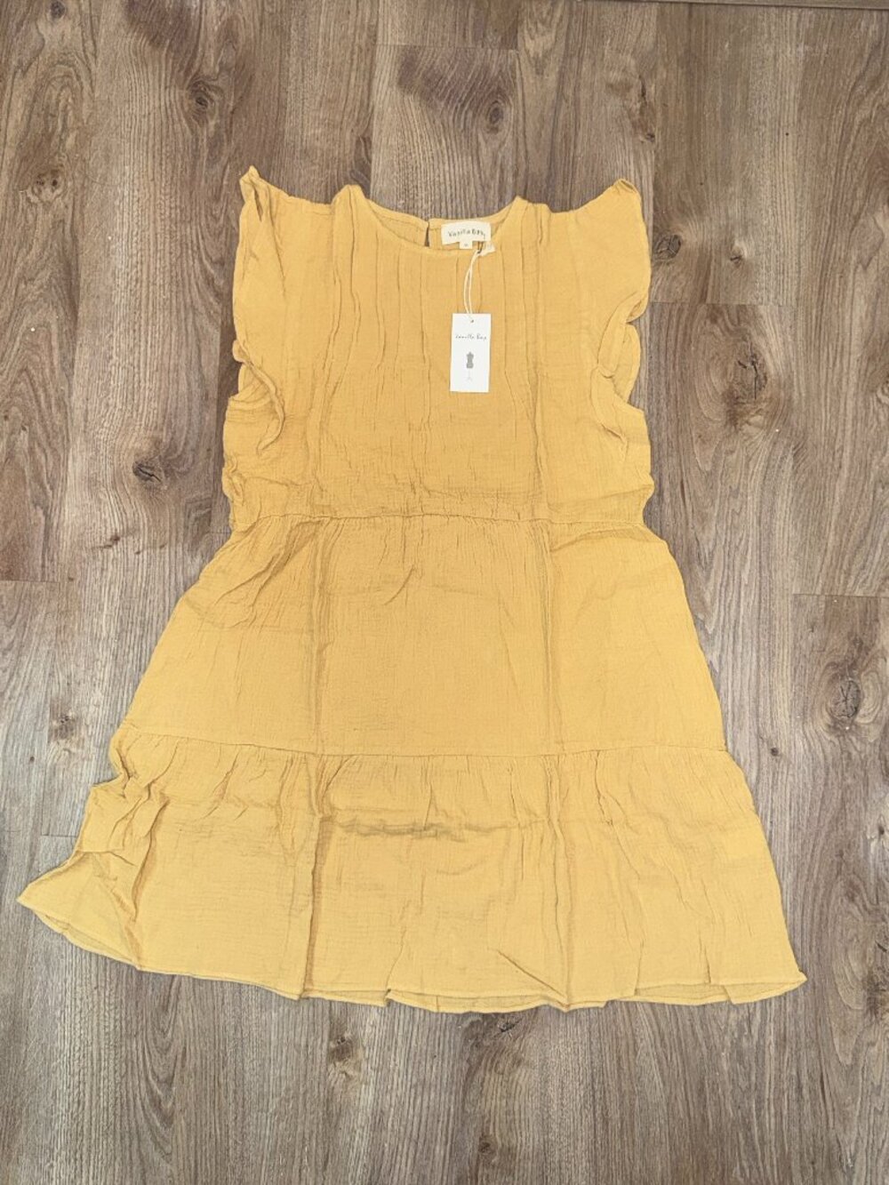 NWT Medium Vanilla Bay Banana Mustard Yellow Ruffle Sleeve Tiered Dress COTTON